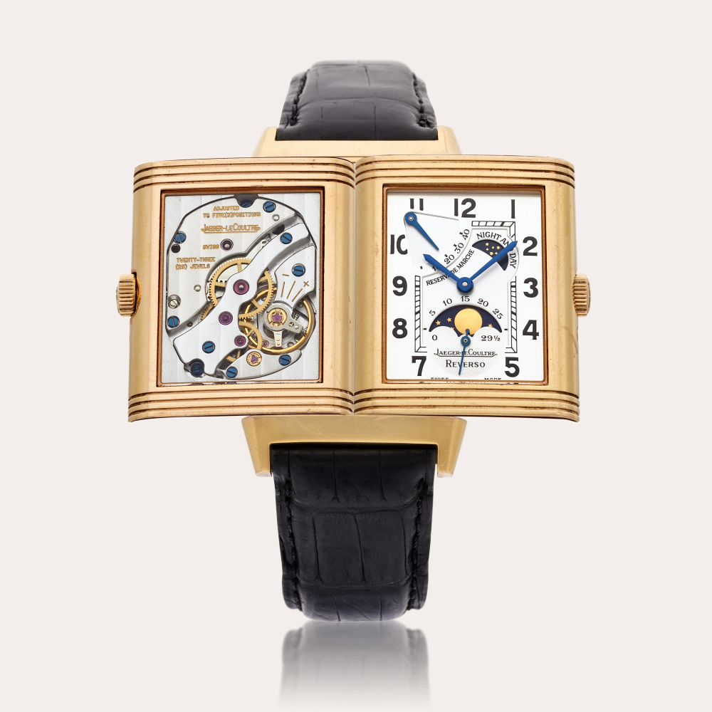 Jaeger-LeCoultre Reference 270.2.63 Reverso | A pink gold reversible wristwatch with moon phases, power reserve, and day/night indication, Circa 2010