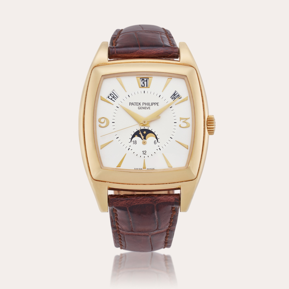 Patek Philippe Reference 5135J-001 Gondolo Calendario | A yellow gold rectangular automatic annual calendar wristwatch with moon phases and 24 hour, Circa 2005