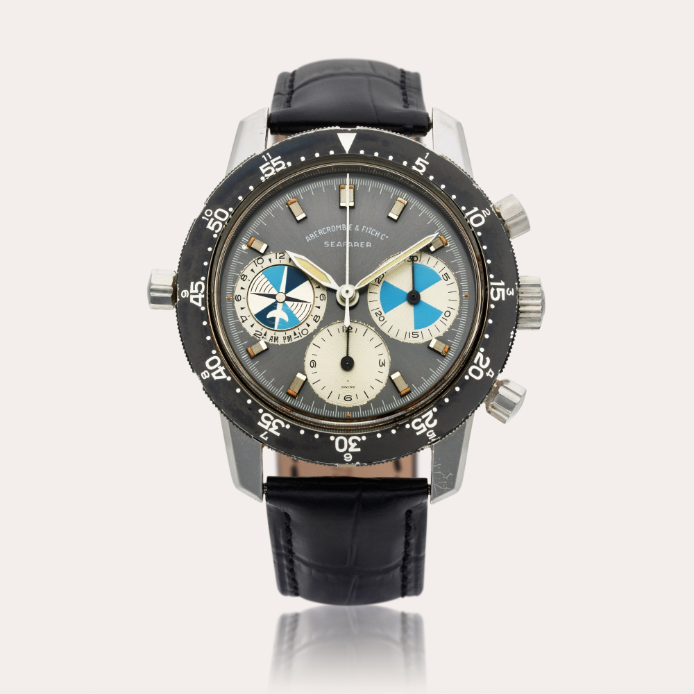Heuer Reference 2446 SF Seafarer | Retailed by Abercrombie & Fitch Co.: A stainless steel chronograph wristwatch with tide indication, Circa 1970