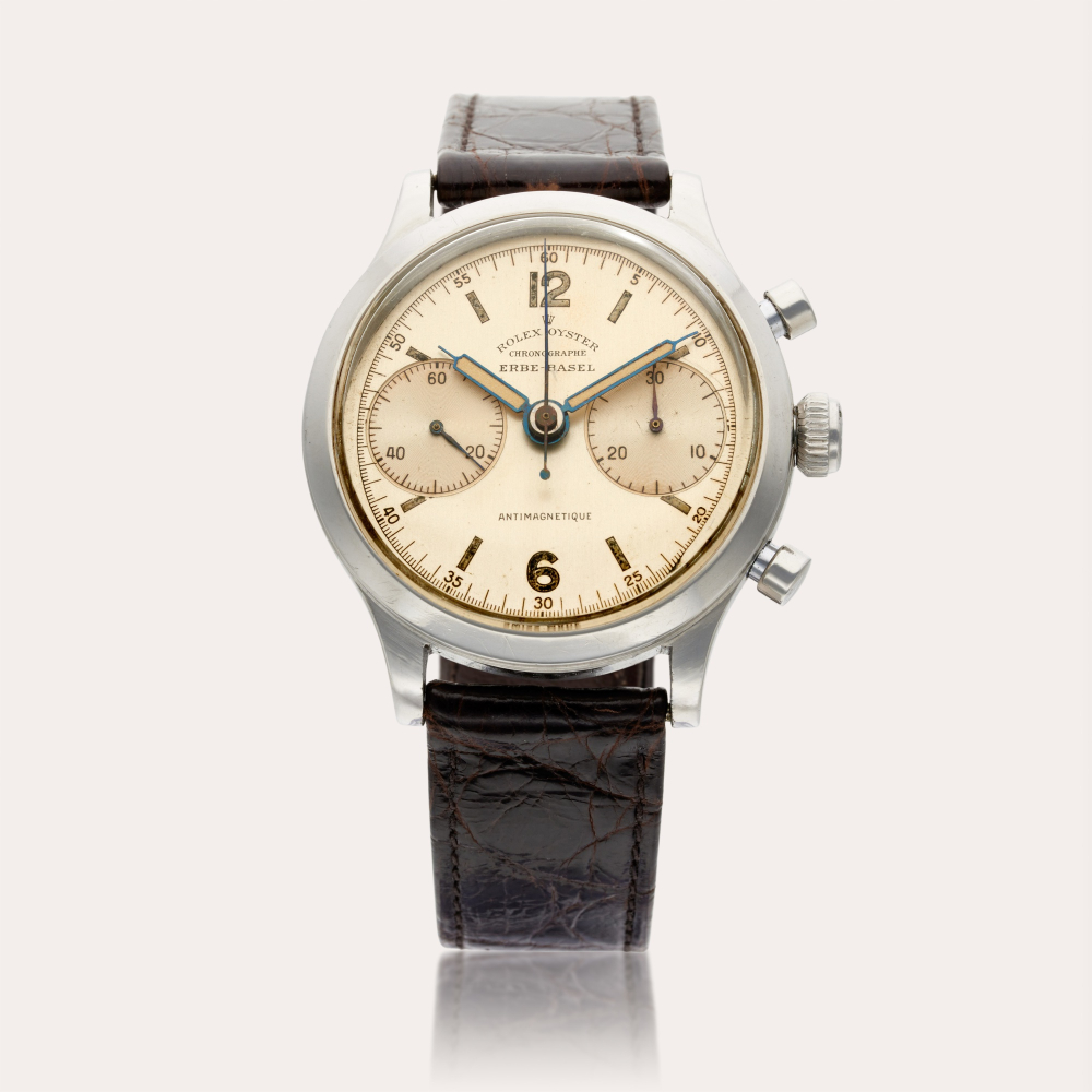 Rolex Reference 3525 Oyster Chronograph | Retailed by Erbe-Basel: A stainless steel chronograph wristwatch, Circa 1946