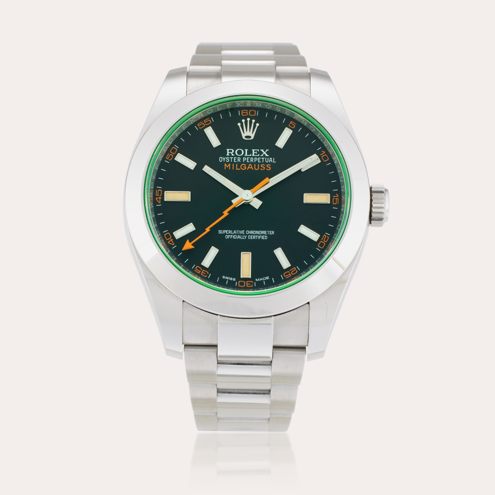 Rolex Reference 116400GV Milgauss | A stainless steel automatic wristwatch with bracelet and green sapphire crystal, Circa 2019