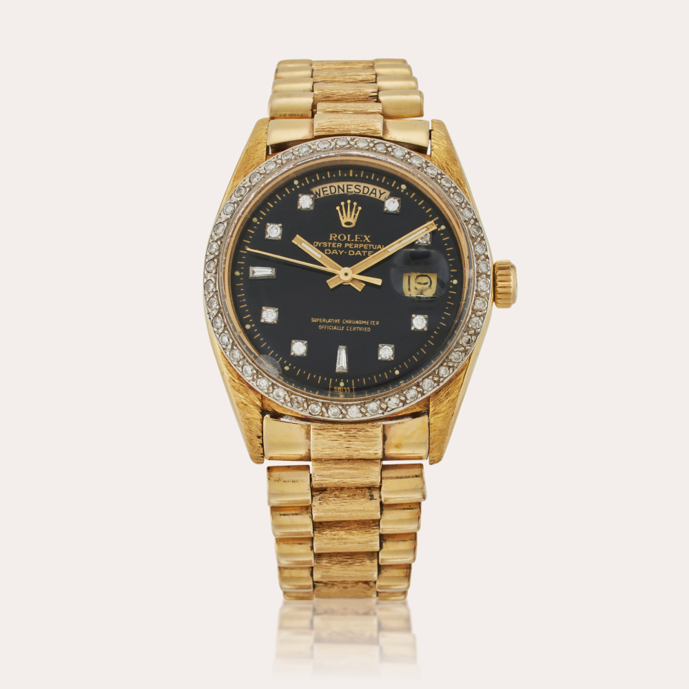Rolex Reference 1807 Day-Date ‘Bark’ | A yellow gold automatic wristwatch with day and date, Circa 1972