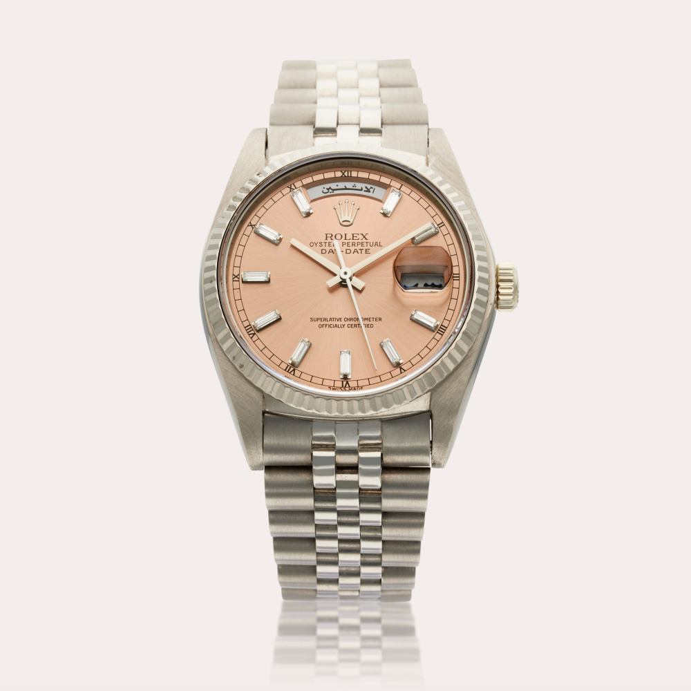 Rolex Reference 18039 Day-Date | A white gold and diamond-set automatic wristwatch with day and date, Circa 1979