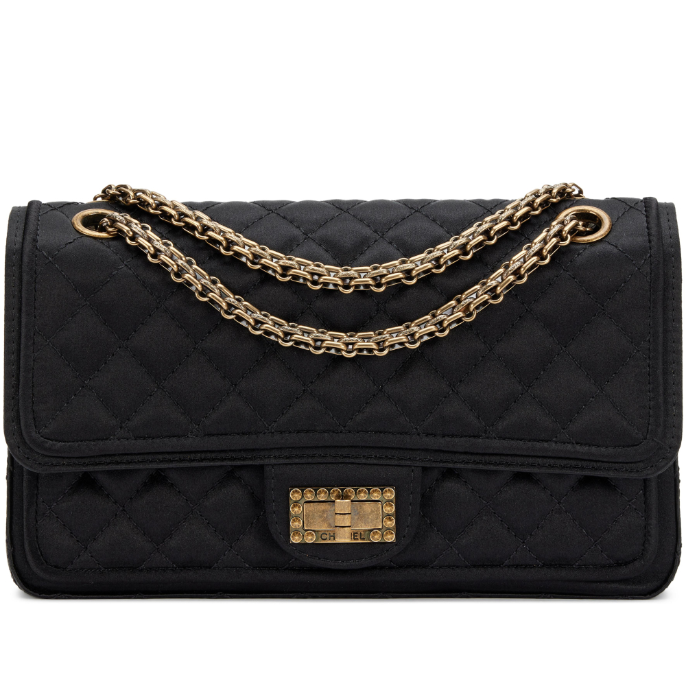 Chanel Black Quilted Satin 2.55 Reissue Medium Double Flap Bag Aged Gold Hardware, 2009-2010