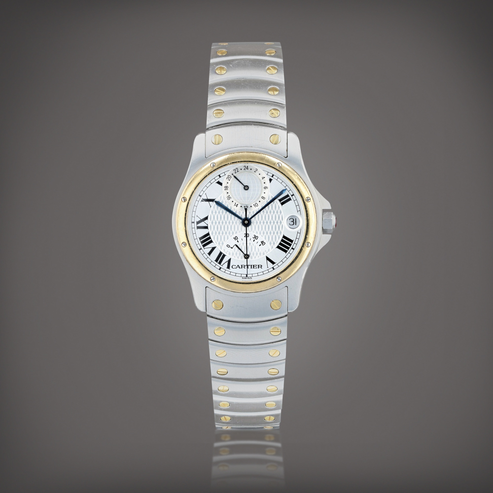 Santos ronde, référence W20038R3 Montre bracelet à double fuseau horaire en or jaune et acier avec indication de réserve de marche et date | Yellow gold and stainless steel dual time zone wristwatch with power reserve indication, date and bracelet Ver