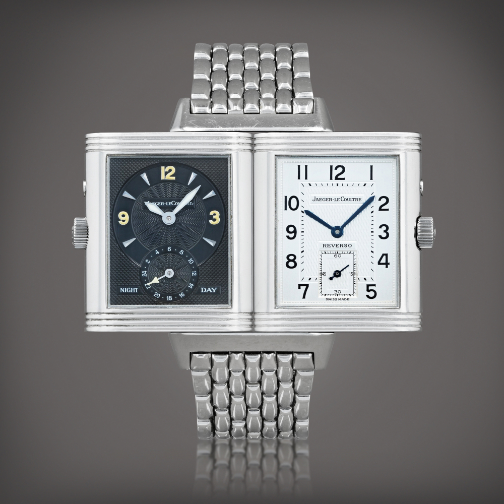 Reverso Duoface, reference 270.8.54 Montre bracelet reversible en acier avec avec double fuseaux horaires et indicateur jour/nuit | Stainless steel reversible dual time zone wristwatch with day/night indication and bracelet Vers 1998 | Circa 1998