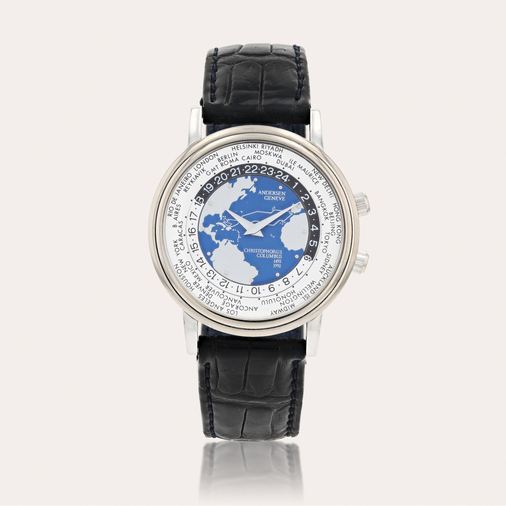Andersen Geneve 'Christophorus Columbus' limited edition Montre bracelet à heure universelle en or blanc | White gold worldtime wristwatch Vers 1998 | Circa 1998