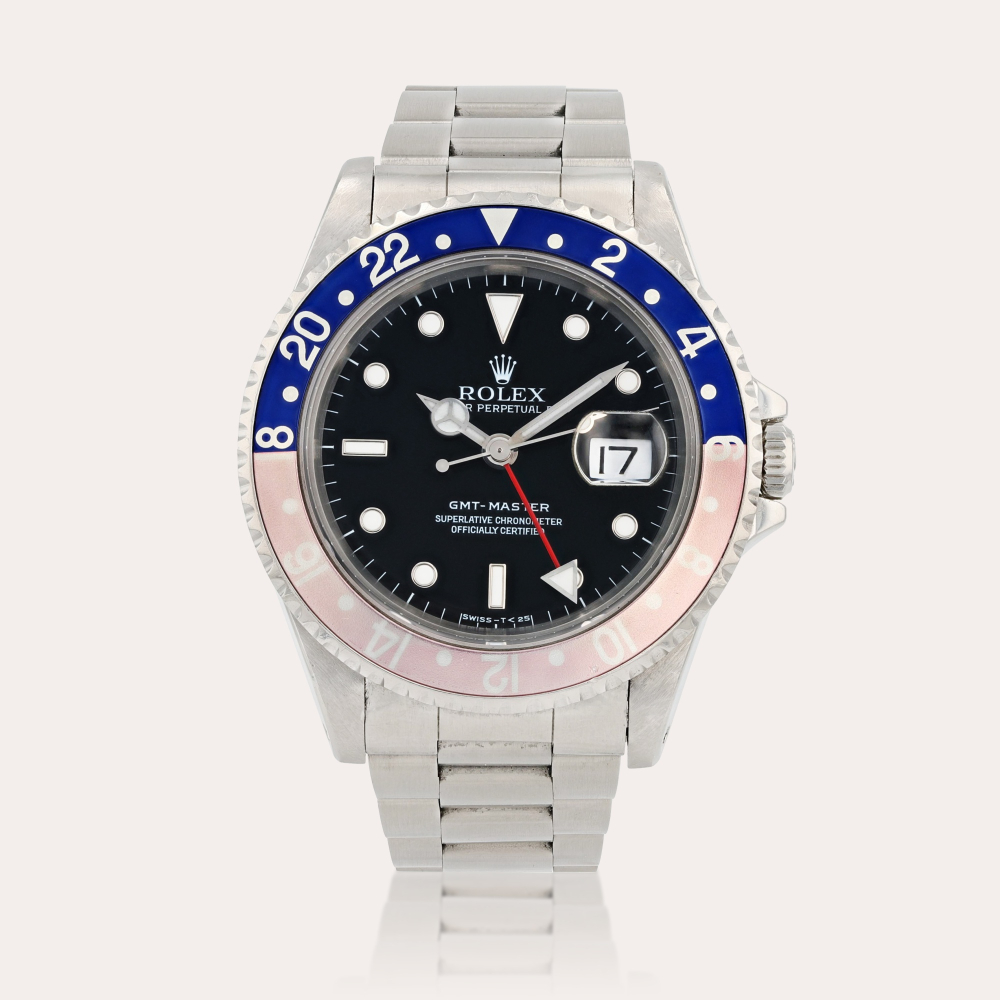 RolexGMT-Master 'Pepsi', reference 16700 Montre bracelet en acier avec deux fuseaux horaires et date | Stainless steel dual time zone wristwatch with date and bracelet Vers 1995 | Circa 1995