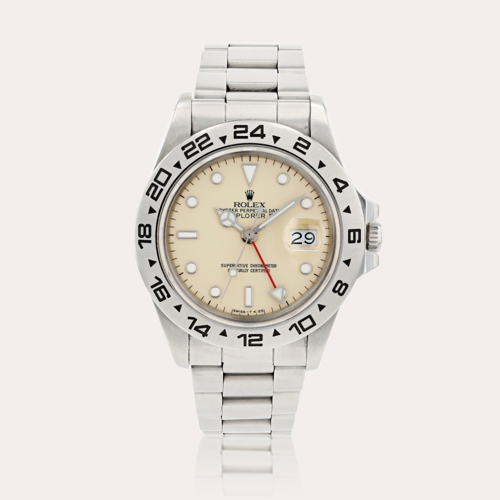 Property of the original ownerRolexExplorer II 'cream rail dial', reference 16550 Montre bracelet en acier avec date | Stainless steel wristwatch with date and bracelet Vers 1987 | Circa 1987