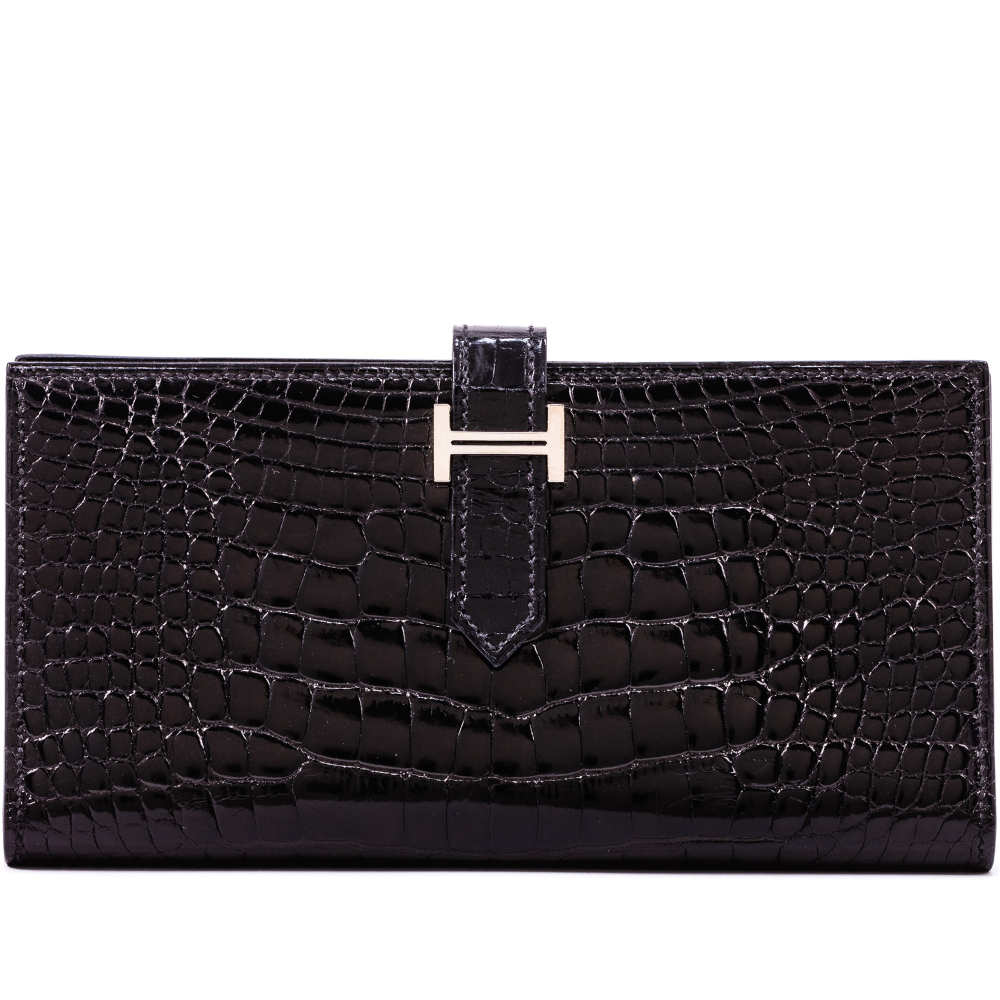 Hermès Black Shiny Mississippiensis Alligator Bearn Wallet Palladium Hardware, 2013