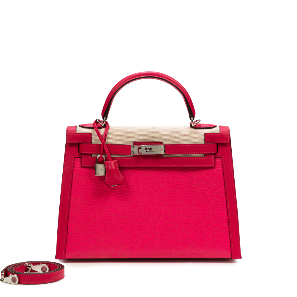 Hermès Limited Edition Framboise Swift And Berline Toile Kelly 32 Sellier Palladium Hardware, 2021