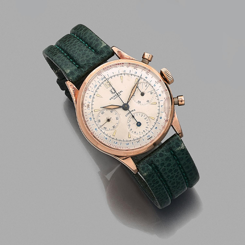 UNIVERSAL GENEVE COMPAX. REF. 124113. ANNEES 60 Montre bracelet en or rose 18K sur cuir avec chronographe. BOITIER: rond, poussoirs...