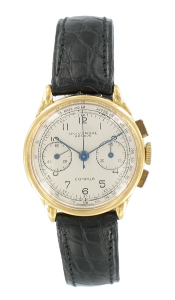 UNIVERSAL Compur. Vers 1960. Montre-bracelet pour homme en acier avec chronographe. Cadran argent