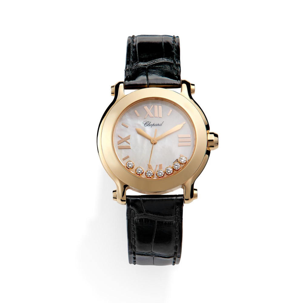CHOPARD HAPPY SPORT. REF. 4183. ANNEES 2010 Montre Bracelet En Or Rose 18K Et Diamants Sur Cuir. BOITIER : Rond En Or Rose P...